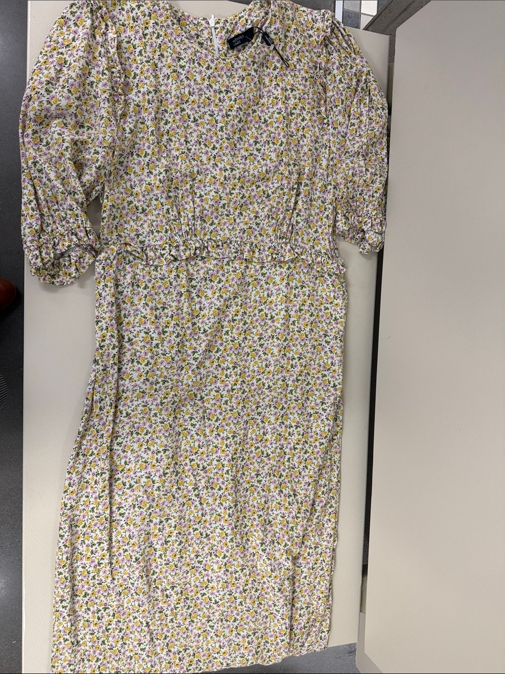 Midi Floral Puff-Sleeve Dress in White with Yellow & Pink Blooms
